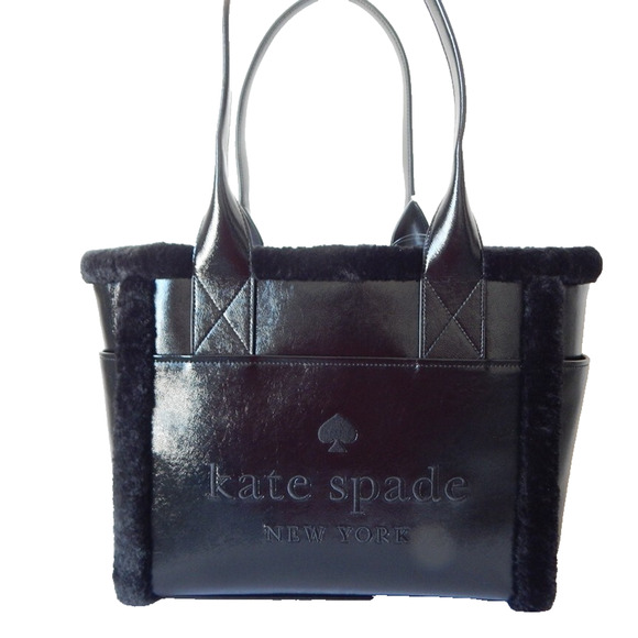 Kate Spade Jett Faux Shearling Patent Leather Embroidered Logo Large Tote NWT - Picture 3 of 16